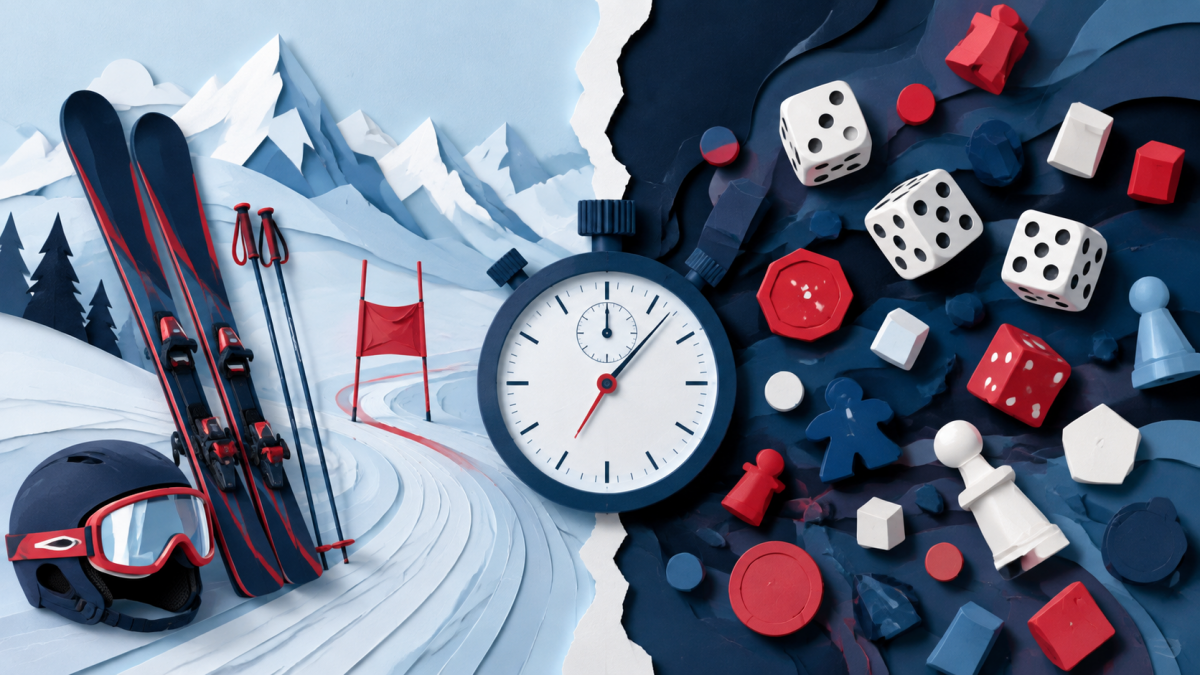 Chronomètre sportif et cartes aléatoires séparés par des repères de contrôle, de temps et de budget.